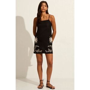 Calypso St Barth Linen Dress Medium Black White Palm Tree Embroidered Mini Boho